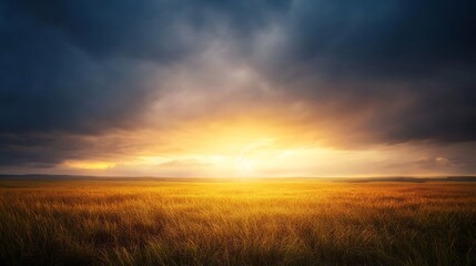 Vast prairie under a thunderstorm with lightning striking the sky, golden grass swaying amidst the powerful winds, capturing a dramatic weather phenomenon