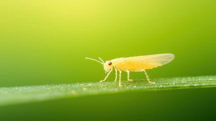 Naklejka premium Close up of a Pale Yellow Insect on a Leaf, Tiny insect on green leaf, macro photography
