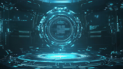Obraz premium Futuristic high-tech, sci-fi aesthetic neon portal circular gateway with vibrant neon light. Digital portal for time travel, with a circular, glowing interface, geometric pattern 