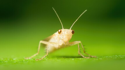 Fototapeta premium Close up of a Pale Grasshopper, Tiny grasshopper on a green leaf