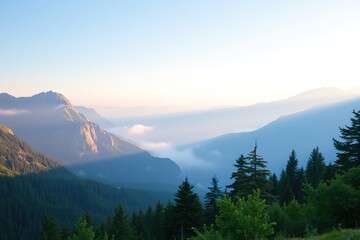 Obraz premium Stunning mountain landscape with mist and early morning light in a tranquil valley setting