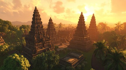 Sunset over Ancient Asian Temples, Jungle Landscape