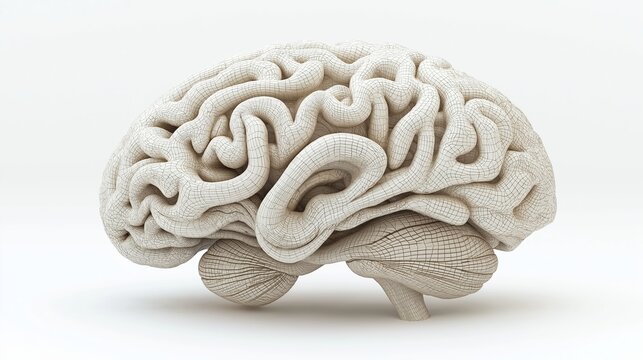 Detailed 3D render of a human brain with intricate wireframe design showcasing cerebral structures and neural pathways in close-up perspective