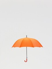 The image is of an orange umbrella with a black handle. the umbrella is open and appears to be floating in the air. the handle is curved and has a small loop at the end.