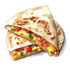 A watercolor vector of a breakfast quesadilla, isolated on a white background. Breakfast quesadilla vector.

