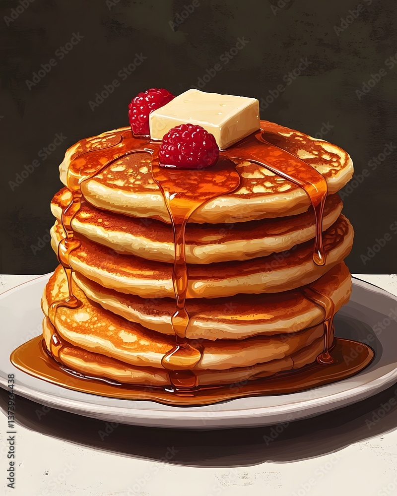 Poster decadent stack of pancakes drizzled with syrup and topped with butter