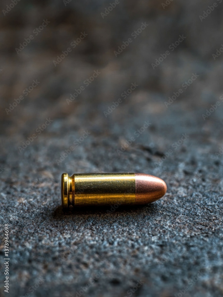 Poster close-up of a bullet lying on a textured surface. the bullet is gold in color and appears to be made