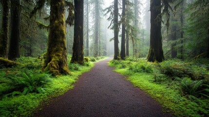 Fototapeta premium A narrow forest path winds through thick fog, framed by towering trees and lush green foliage, creating an atmosphere of mystery and adventure
