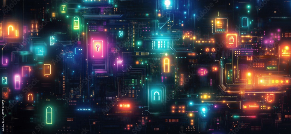 Poster colorful digital network with glowing padlocks and circuit patterns representing cybersecurity