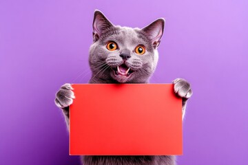 Cat mockup urban. Cat photo ad. Fluffy friend with sign. &ETH;&iexcl;ute adult cat chartreux hold in front paws a layout - large red avenue sign. Isolated cat on a solid clothing purple background.