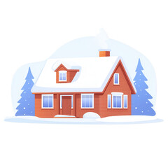 Naklejka premium Charming winter house surrounded by snow-covered trees, featuring a classic red brick design, perfect for holiday themes and cozy atmospheres.