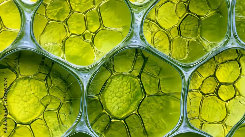 Poster colorful green cells displaying intricate patterns under microscopic view in a lab environment