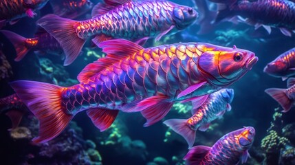 Fototapeta premium Iridescent fish school swimming aquarium coral reef