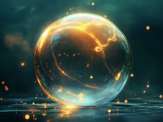 Enchanting abstract image of an illuminated golden sphere floating in a mystical dark atmosphere with glowing particles surrounding it