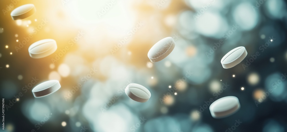 Poster floating white pills against blurred background with soft light and bokeh effect