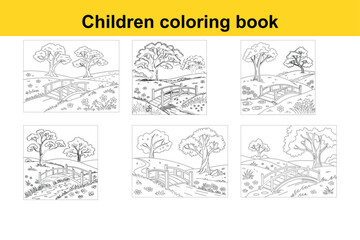 Obraz premium Scenic Nature Landscape: Garden with Trees, River, and Wooden Bridge Children's Coloring Book Illustration