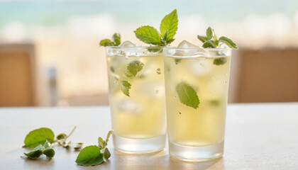 Refreshing mint juleps on shaded terrace with beach view, summer chill