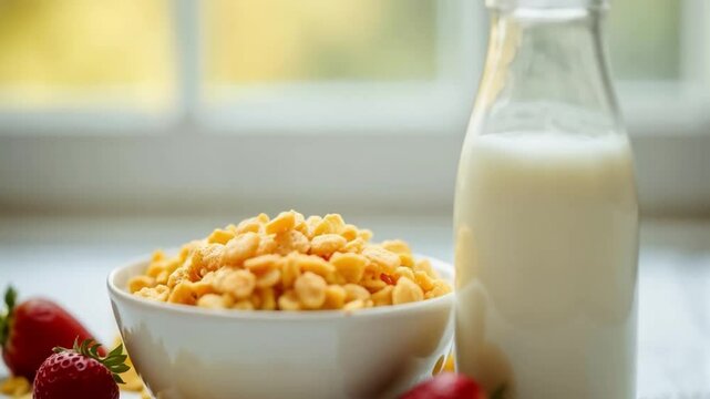 Desayuno con cereal, fresas y leche natural junto a la ventana