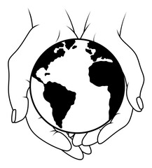 Environmental black and white illustration, Earth in caring hands. Caring for nature the concept of caring for the planet. Eco design of planet earth earth in human hands
