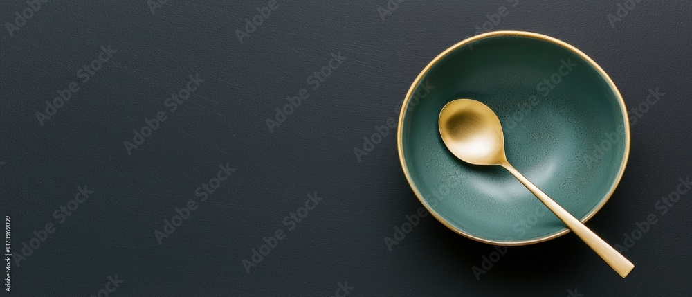 Poster flat lay of a green plate with a gold spoon resting on it. the plate is round and has a smooth textu