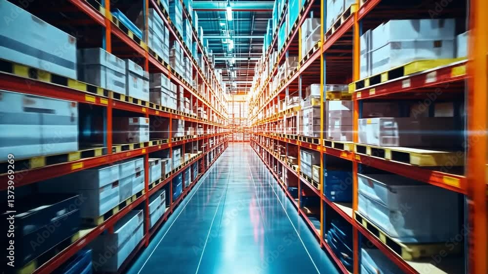 Poster vast warehouse aisle with colorful stacked boxes and pallets capturing efficient storage space in mo