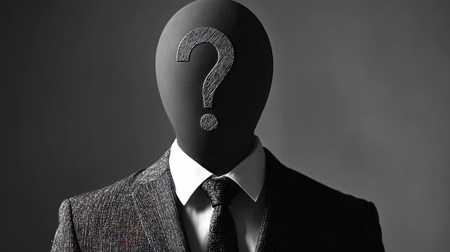 Mysterious figure in a suit with a blank head and question mark symbol representing anonymity, identity crisis, and the unknown in a dramatic setting