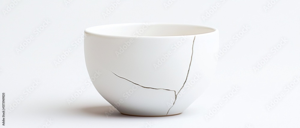Poster the image is of a white ceramic cup with a crack running down the side. the cup appears to be empty 