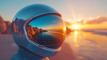 Futuristic helmet reflecting stunning sunset over ocean with solar panels and rocky cliffs in landscape of vibrant colors