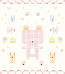 cute animal pixel embroidered  pattern. bear ,rabbit, dog ,heart , flower ,tree and  home . pixel wallpaper design .  wall art , cross stitch , decoration for baby or kid .