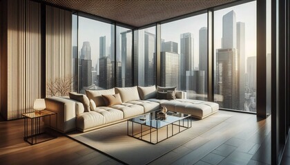 Fototapeta premium A city view living area framed by floor to ceiling windows furni