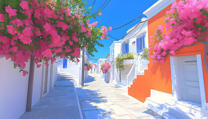 Idyllic Greek island street scene with vibrant bougainvillea, whitewashed buildings, and sun-drenched cobblestone path.  Perfect for travel, tourism, and summer holiday themes.
