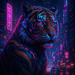 A cyberpunk-style lion against a neon skyscraper