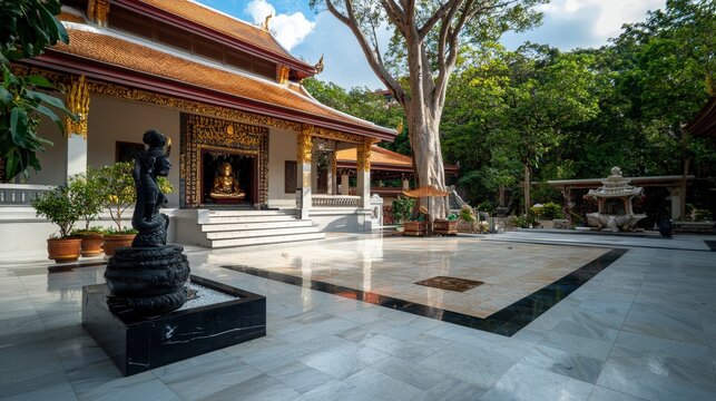 Serene buddhist temple singburi thailand landscape photography tranquil environment wide angle view