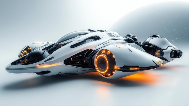 Futuristic white spaceship with glowing orange lights against a minimalistic backdrop, showcasing advanced technology and sleek aerodynamic design