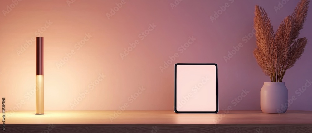 Aufkleber wooden shelf with a lamp on the left side and a vase with dried plants on the right side. the backgr