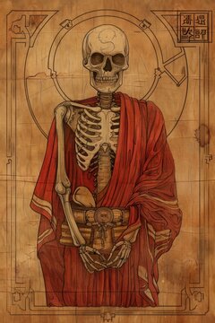 Skeleton in monk outfit painting art representation.