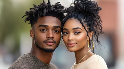 Obraz premium Radiant Couple Portrait: A striking portrait captures a handsome African American couple, exuding charm, looking forward with hope in an intimate embrace.