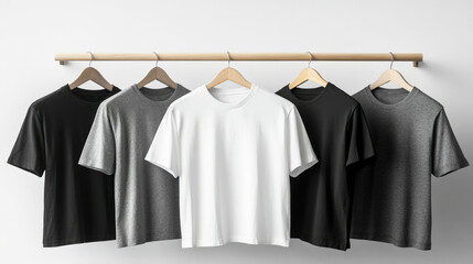 A collection of black, white, and grey t-shirts hanging on a clothes rack, showcasing different colors and styles for casual wear.