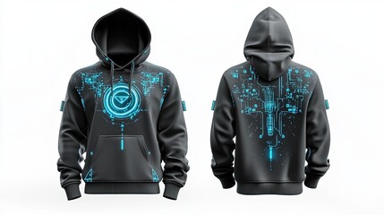 Charcoal gray male hoodie, front and back view, cyberpunk theme, front has a neon blue circuit moon symbol, back displays a digital night sky with glitchy constellations, white background, isolated