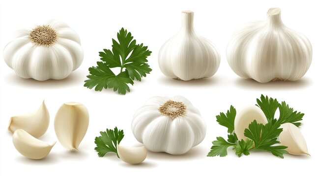 Realistic garlic bulbs and cloves, parsley garnish, white background, food illustration
