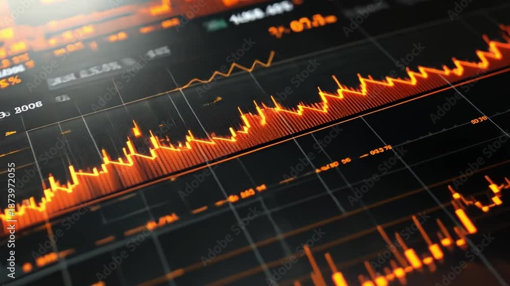 Poster abstract data visualization with vibrant orange and black background featuring dynamic graph and cha