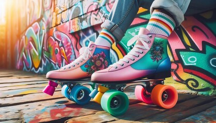 Fototapeta premium A pair of trendy roller skates with colorful wheels resting agai