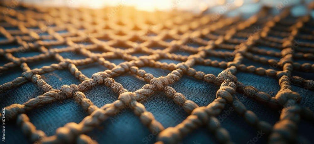 Poster close-up of intricate rope netting with warm sunlight creating a soft glow