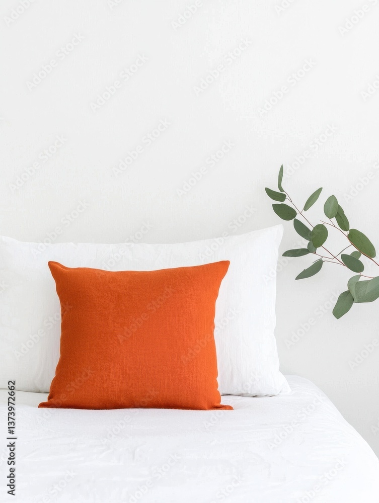 Poster white bed with a bright orange throw pillow on top of it. the pillow is square in shape and has a te