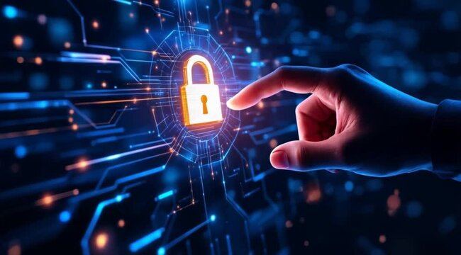 Hand touching digital lock on glowing circuit board