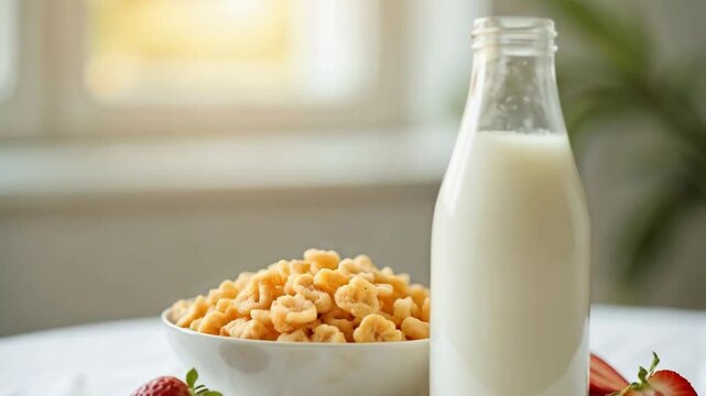Desayuno con leche, cereales y fresas sobre mesa blanca