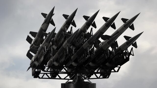 Many missiles on a launcher, sky in background - 3D 4k animation (3840x2160px)