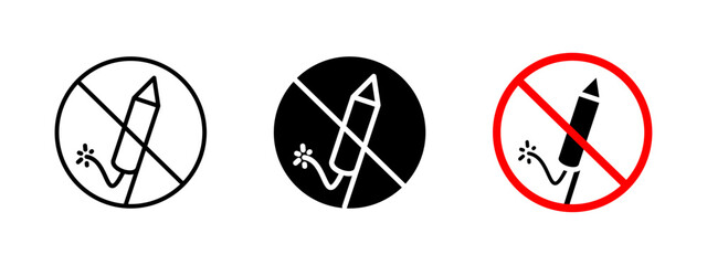 No fireworks icon. Pyrotechnic restriction vector illustration. Prohibited firework sign for safety and fire prevention. Warning symbol to avoid hazardous explosions during events and public security.