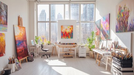 A clean and bright art studio with colorful paintings hung on the walls and a creative atmosphere.
