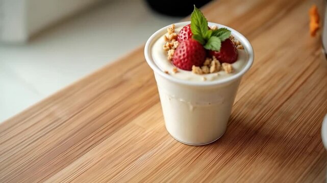 Yogur cremoso con fresas frescas, granola y hojas de menta en vaso sobre mesa de madera